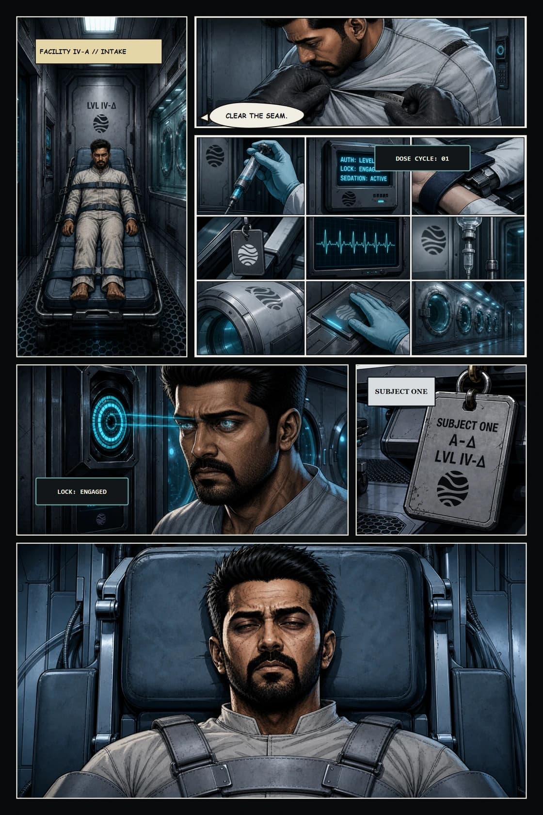 Surya Volume 1: White Silence page 1. Open with Surya processed as property before the reader knows what missions put him here.