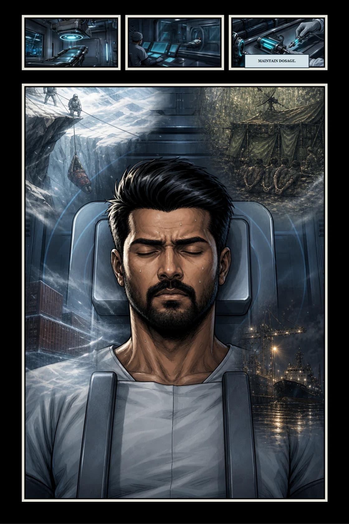 Surya Volume 1: White Silence page 3. Use Surya's unconscious closed-eye state as the primary image while mission memories dissolve around his head inside that same panel, and top operational panels show the room continuing around him.