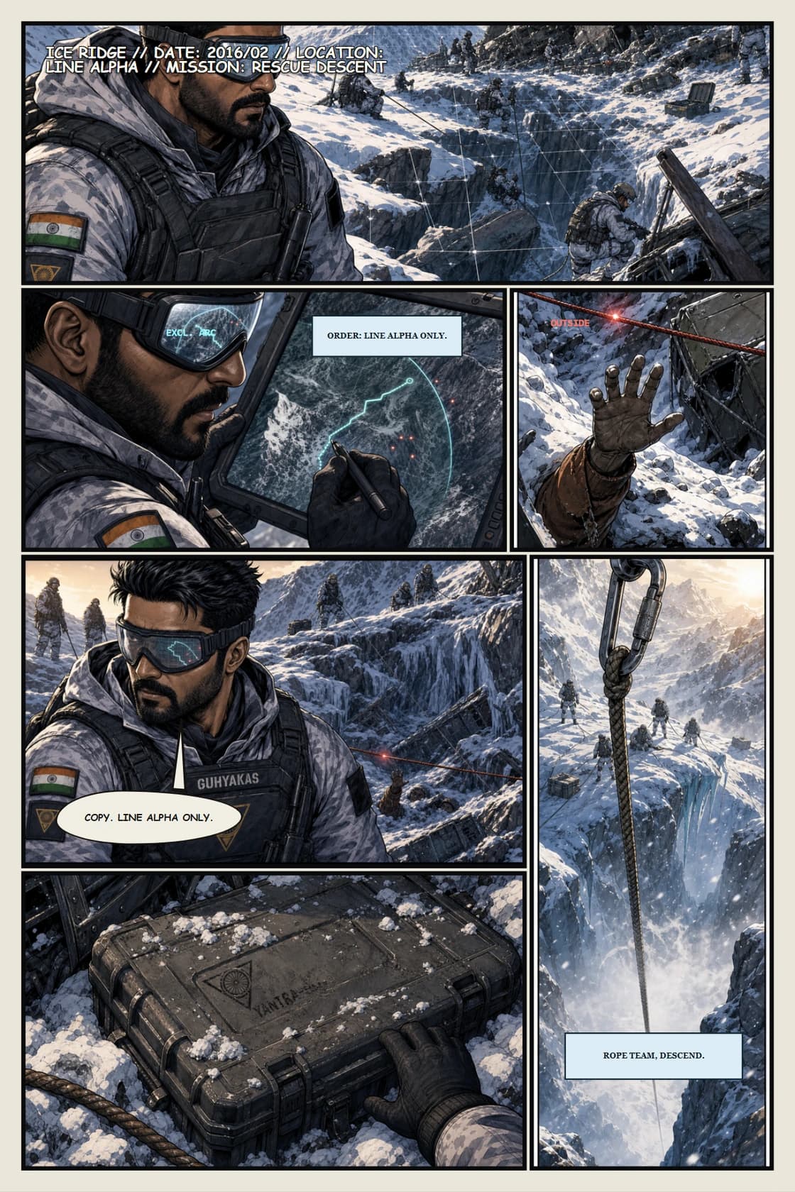Surya Volume 1: White Silence page 4. Start the mission sequence with a clear command problem: rescue parameters already exclude people in need, while advanced key-mask tactical goggles and a right-lens HUD make the army feel modern and make the exclusion visible.