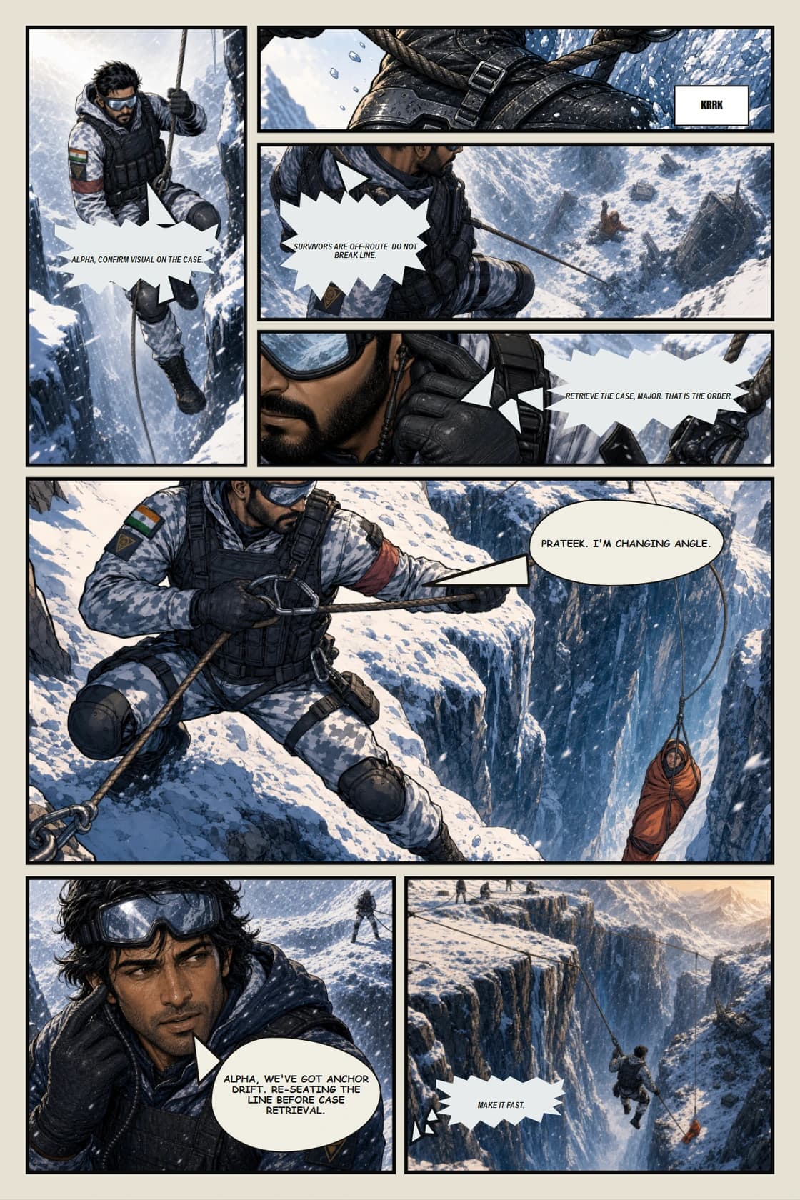 Surya Volume 1: White Silence page 5. Make Surya physically competent while showing that competence is not morally neutral.