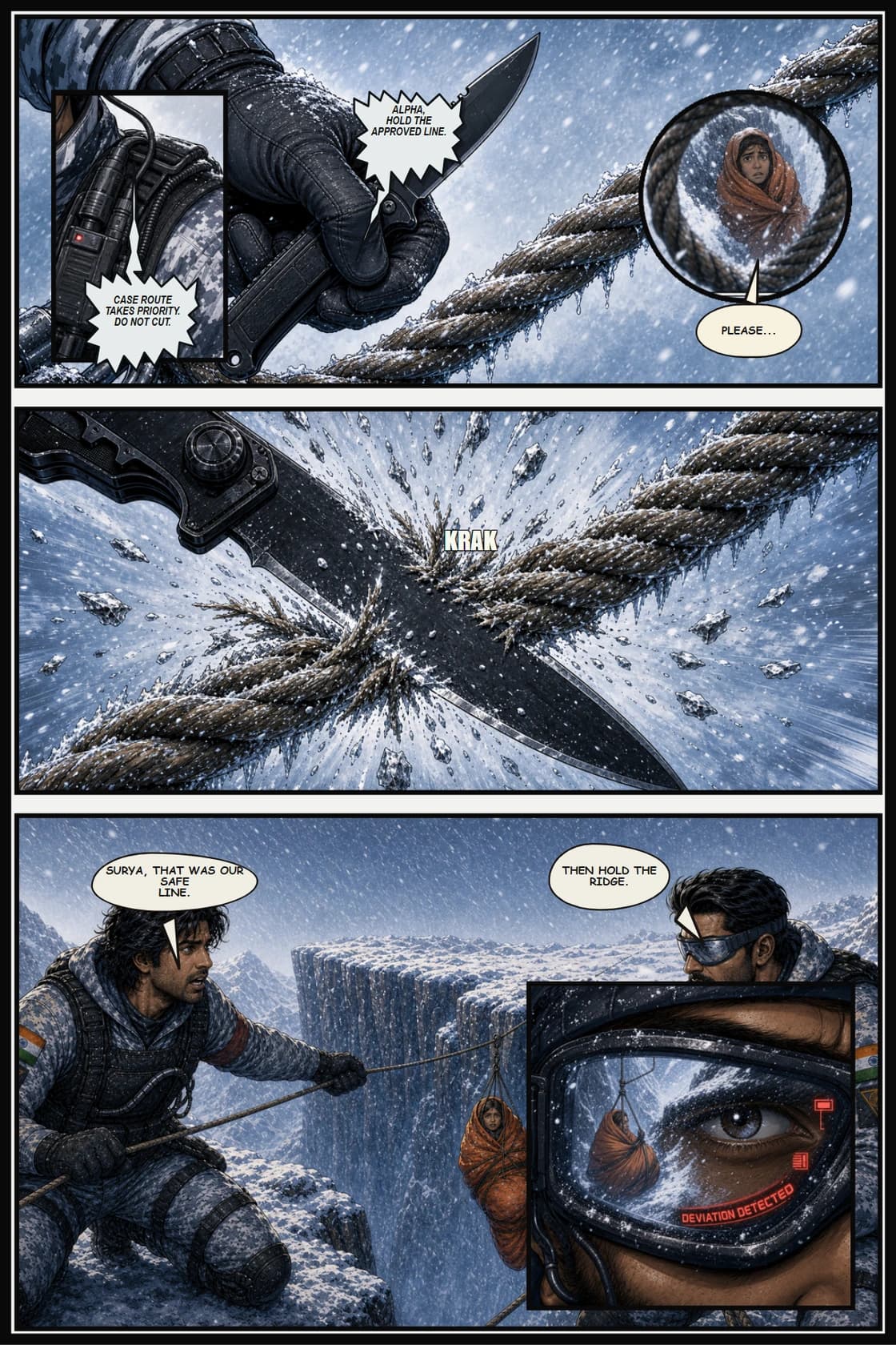 Surya Volume 1: White Silence page 6. Give Surya the first explicit conflicting decision: obey extraction priority or cut the safe line to save a civilian.