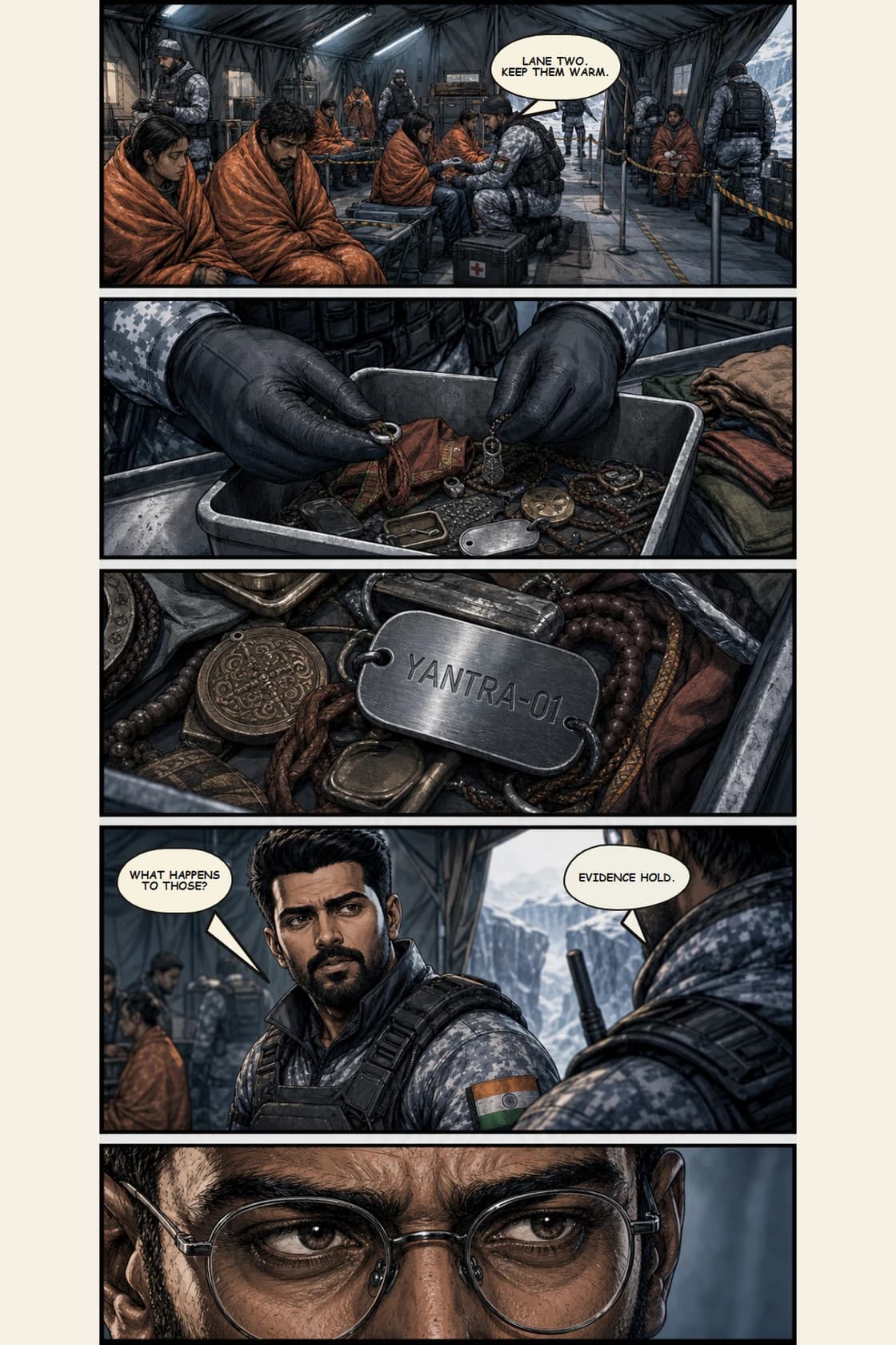 Surya Volume 1: White Silence page 7. Convert the rescue aftermath into first residue: command processes people and objects differently from Surya.