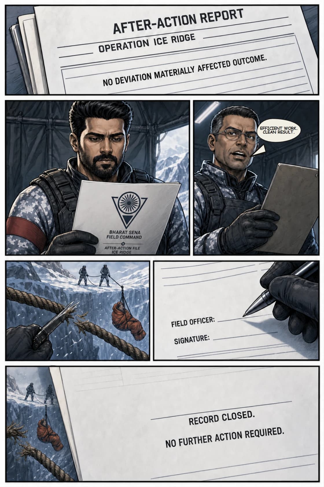 Surya Volume 1: White Silence page 8. Show the institution erasing the moral event Surya just lived through.
