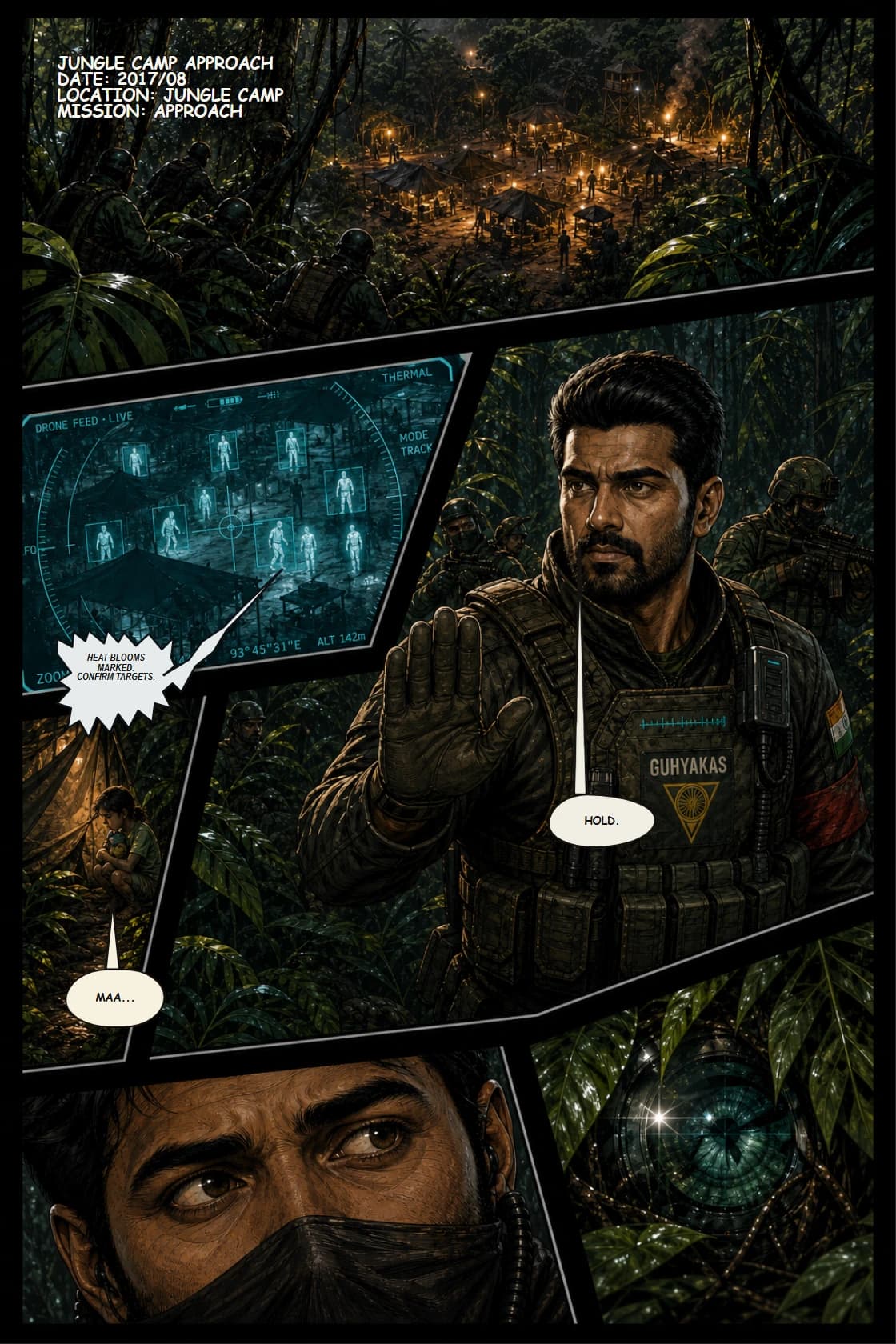Surya Volume 1: White Silence page 9. Move from rescue terrain to counterinsurgency terrain and show that the next mission is morally dirtier from the first panel.