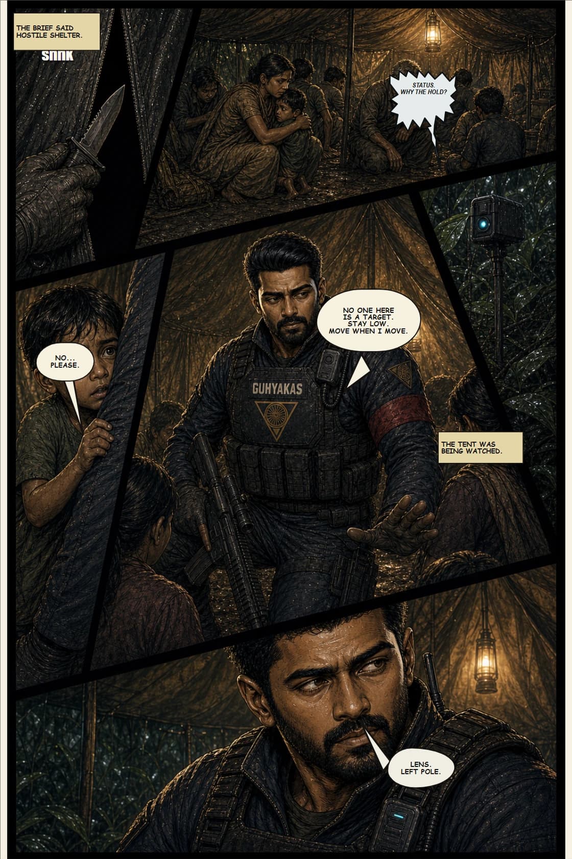 Surya Volume 1: White Silence page 11. Reveal that the mission target space contains civilians who were invisible in the mission brief.