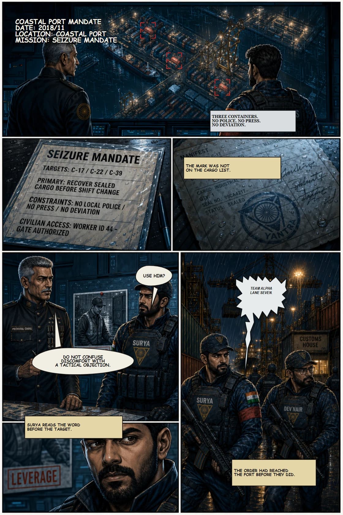 Surya Volume 1: White Silence page 14. Open the coastal port mission from command's mandate first, making the operation legible while exposing the transactional treatment of civilians.