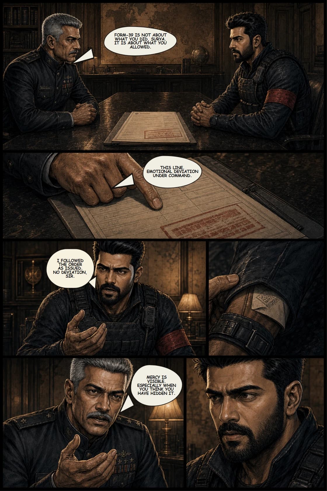 Surya Volume 1: White Silence page 19. Bring mentor pressure into the center: Bhanu understands Surya's mercy and names it as a command risk.