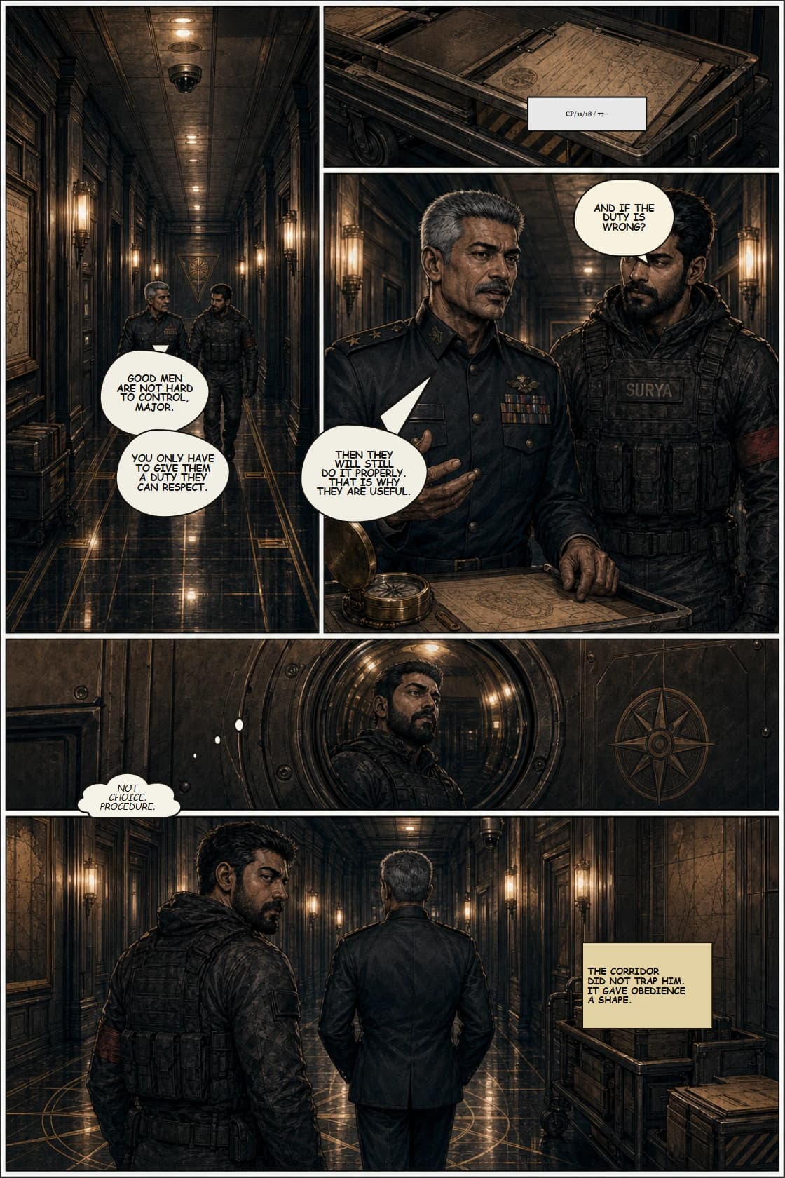 Surya Volume 1: White Silence page 20. Move from private pressure to institutional architecture: Surya sees the system behind Bhanu.