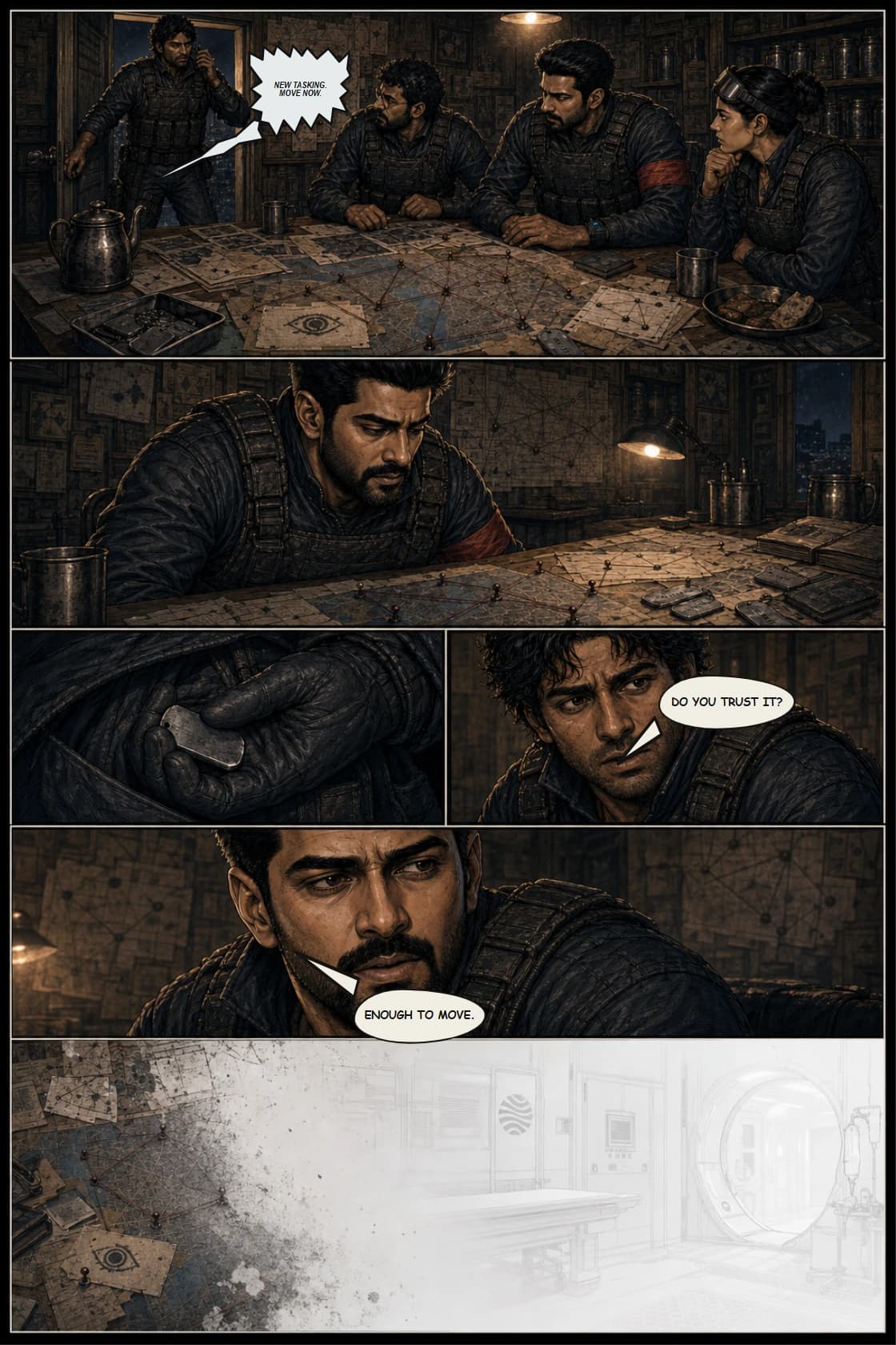 Surya Volume 1: White Silence page 24. End the past sequence with the drowned decision: Surya outwardly accepts the next order while inwardly preserving proof.