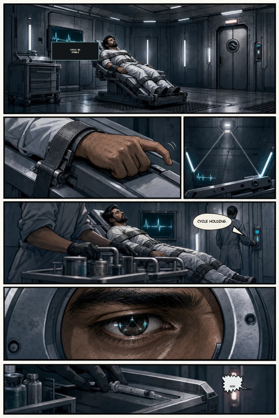 Surya Volume 1: White Silence page 25. Return to Facility IV with the reader now able to interpret Surya's stillness as active pattern work.