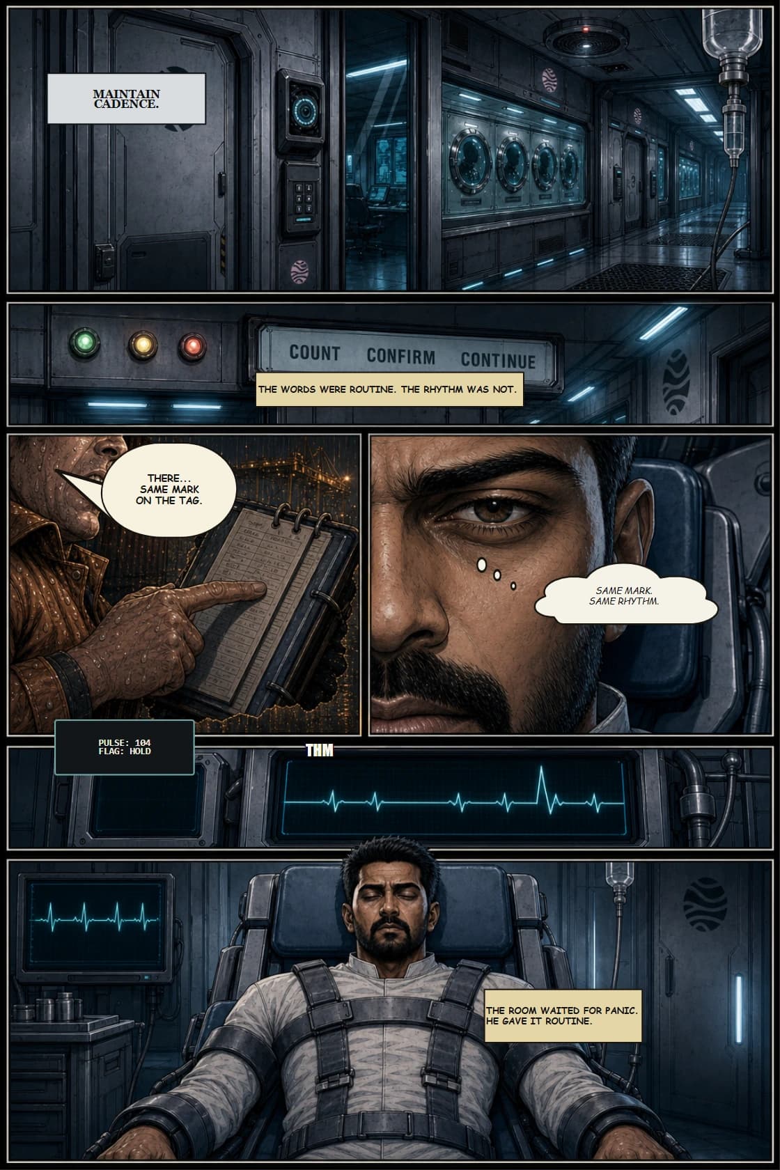 Surya Volume 1: White Silence page 27. Connect the port worker's phrase and the Facility IV cadence without over-explaining the conspiracy.