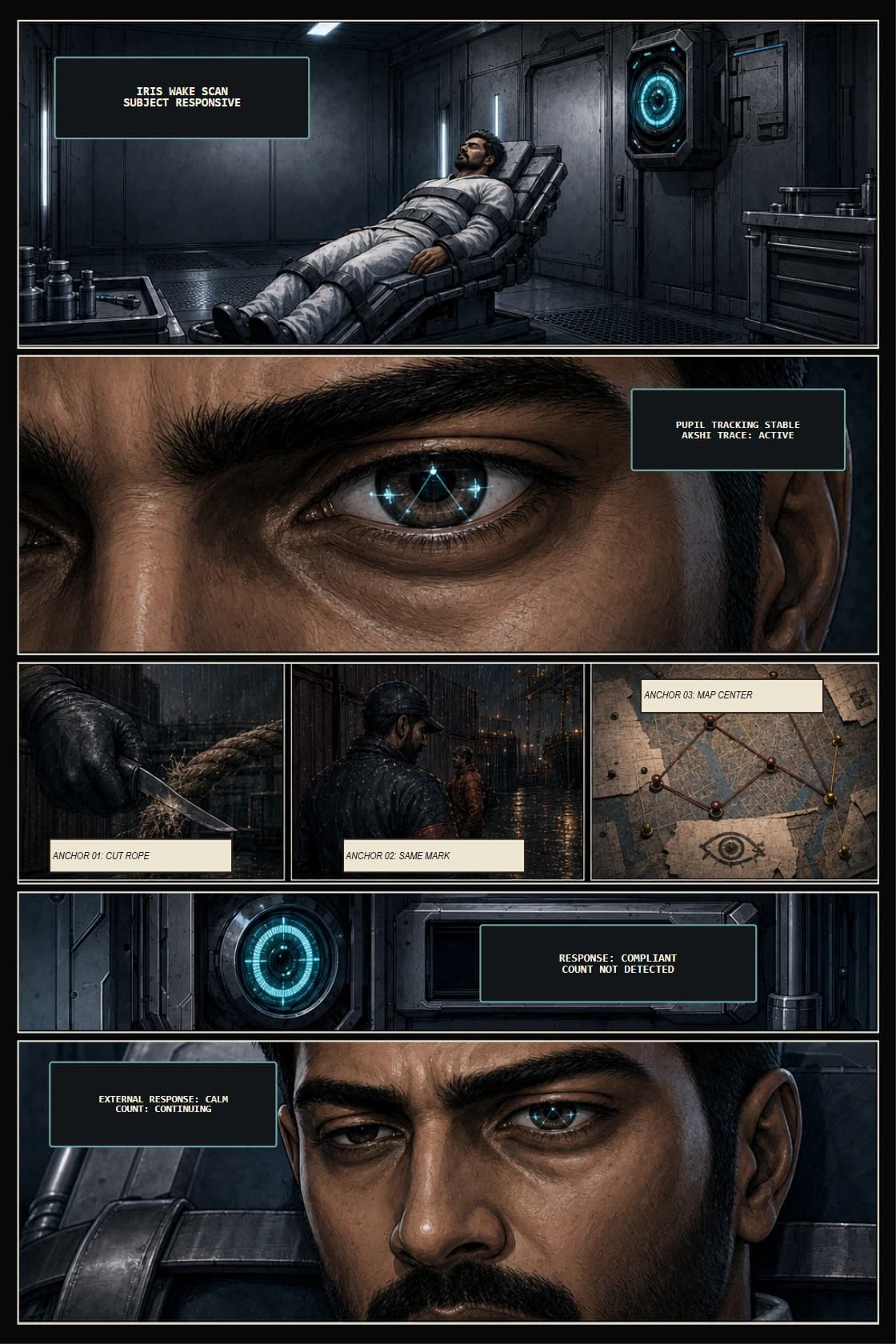 Surya Volume 1: White Silence page 29. Bring AKSHI back through the iris motif and show Surya holding his count under direct observation.