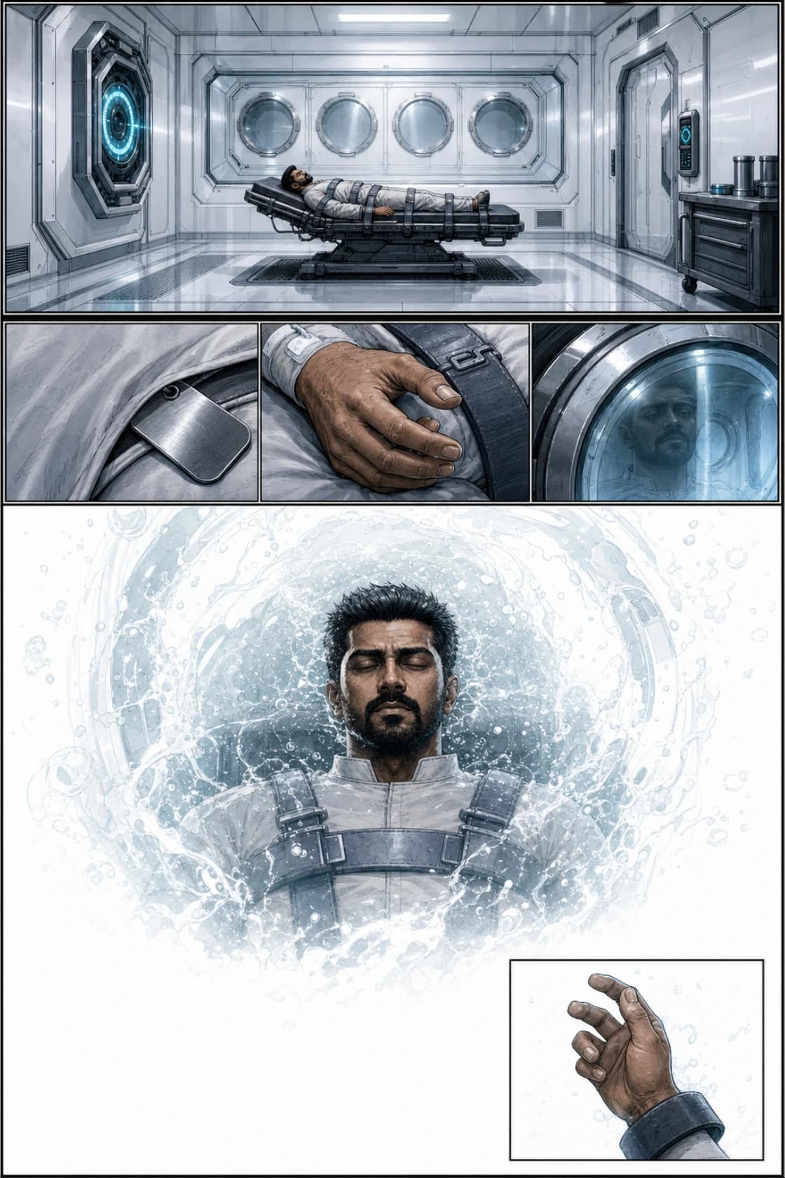Surya Volume 1: White Silence page 30. Close Volume 1 with Surya physically trapped but narratively active: Facility IV reads silence as compliance, while the reader sees silence become storage and resistance.