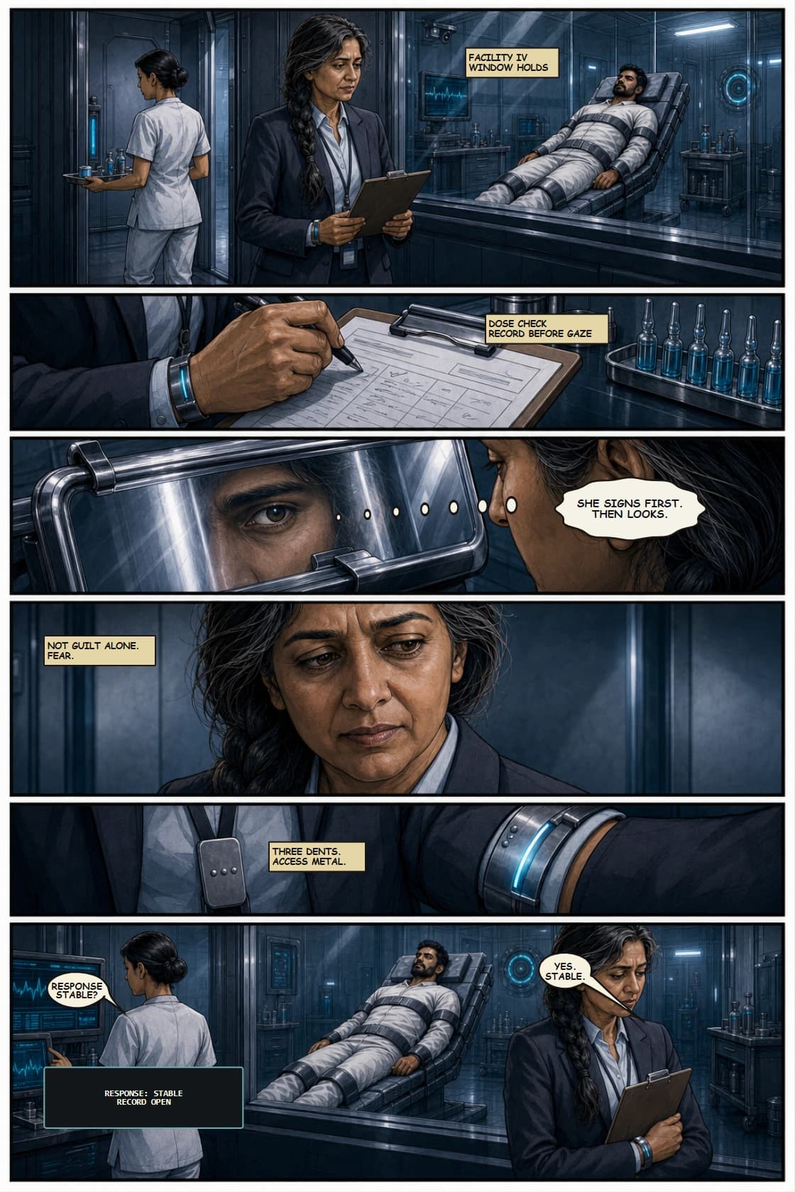 SURYA Volume 2: Glass City page 4. Introduce Dey as the first human irregularity inside the facility machine.