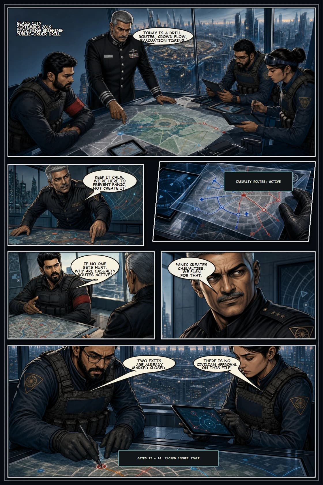 SURYA Volume 2: Glass City page 5. Start Glass City as a controlled drill whose paperwork already contains the first lie.