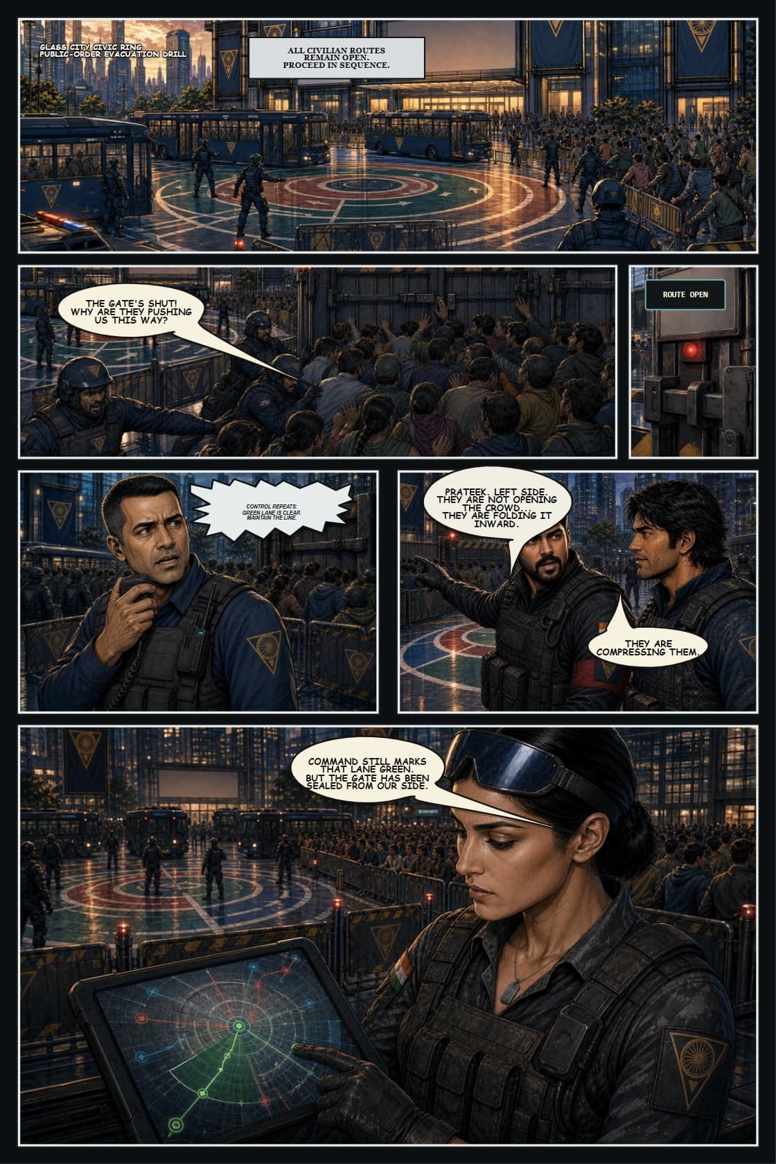 SURYA Volume 2: Glass City page 6. Contrast public order facade with crowd friction the plan does not acknowledge.