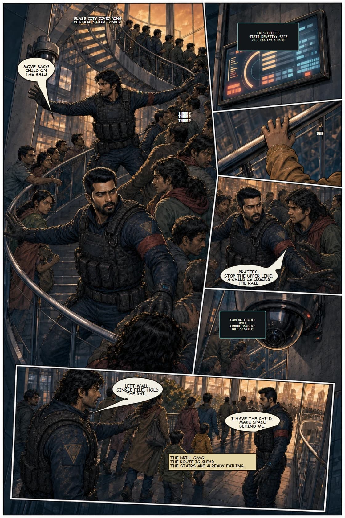 SURYA Volume 2: Glass City page 7. Use the V2 Spine Panel to make public-order pressure physical.