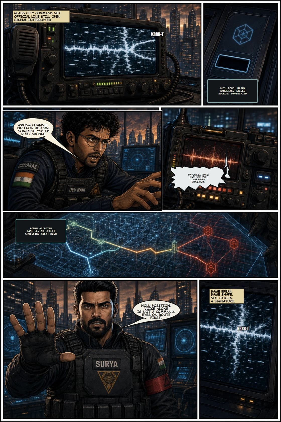 SURYA Volume 2: Glass City page 8. Plant AKSHI-4 as a spoofed command cadence that changes the mission route.
