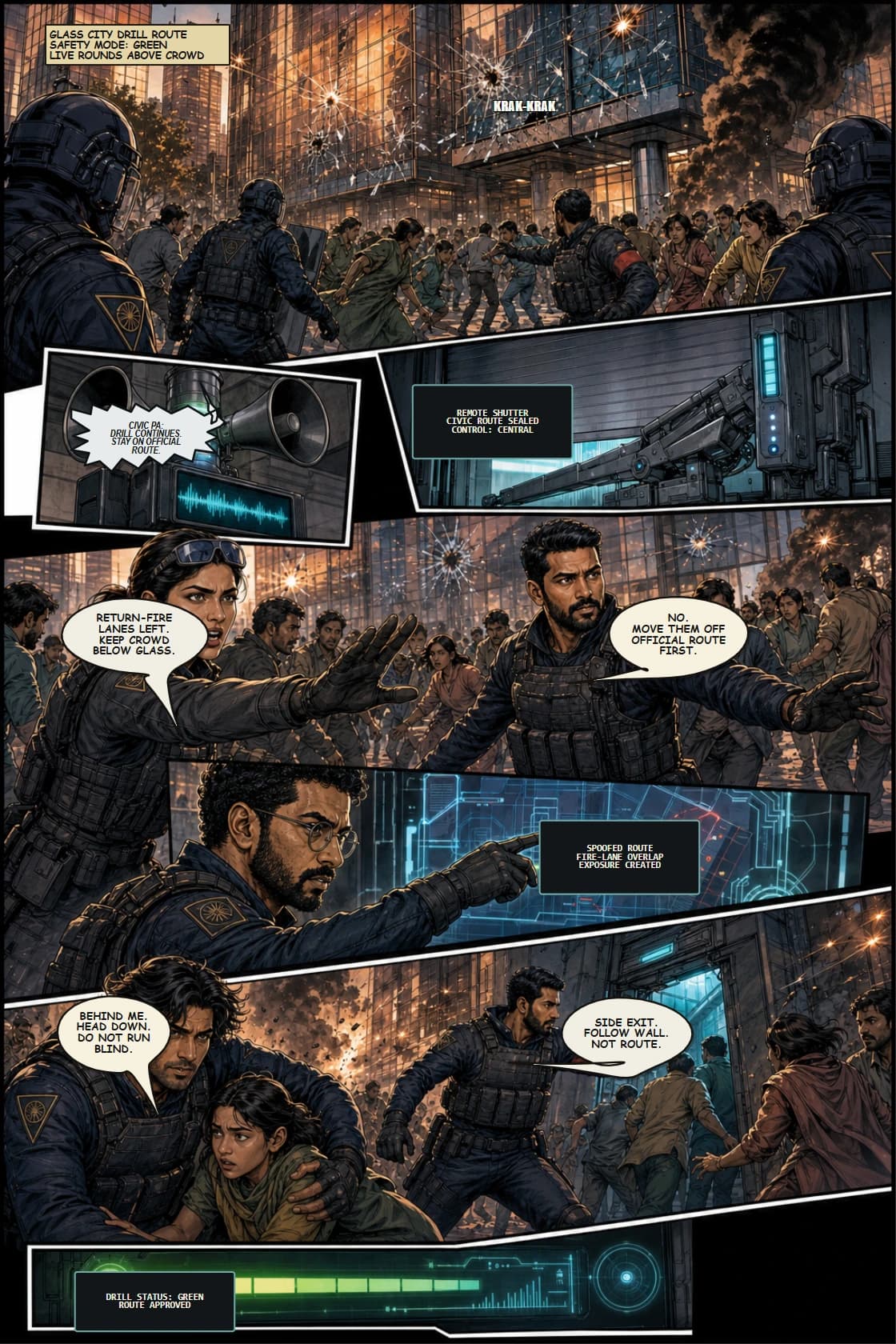 SURYA Volume 2: Glass City page 9. Turn the drill into live fire and show the wrong route created the exposure.