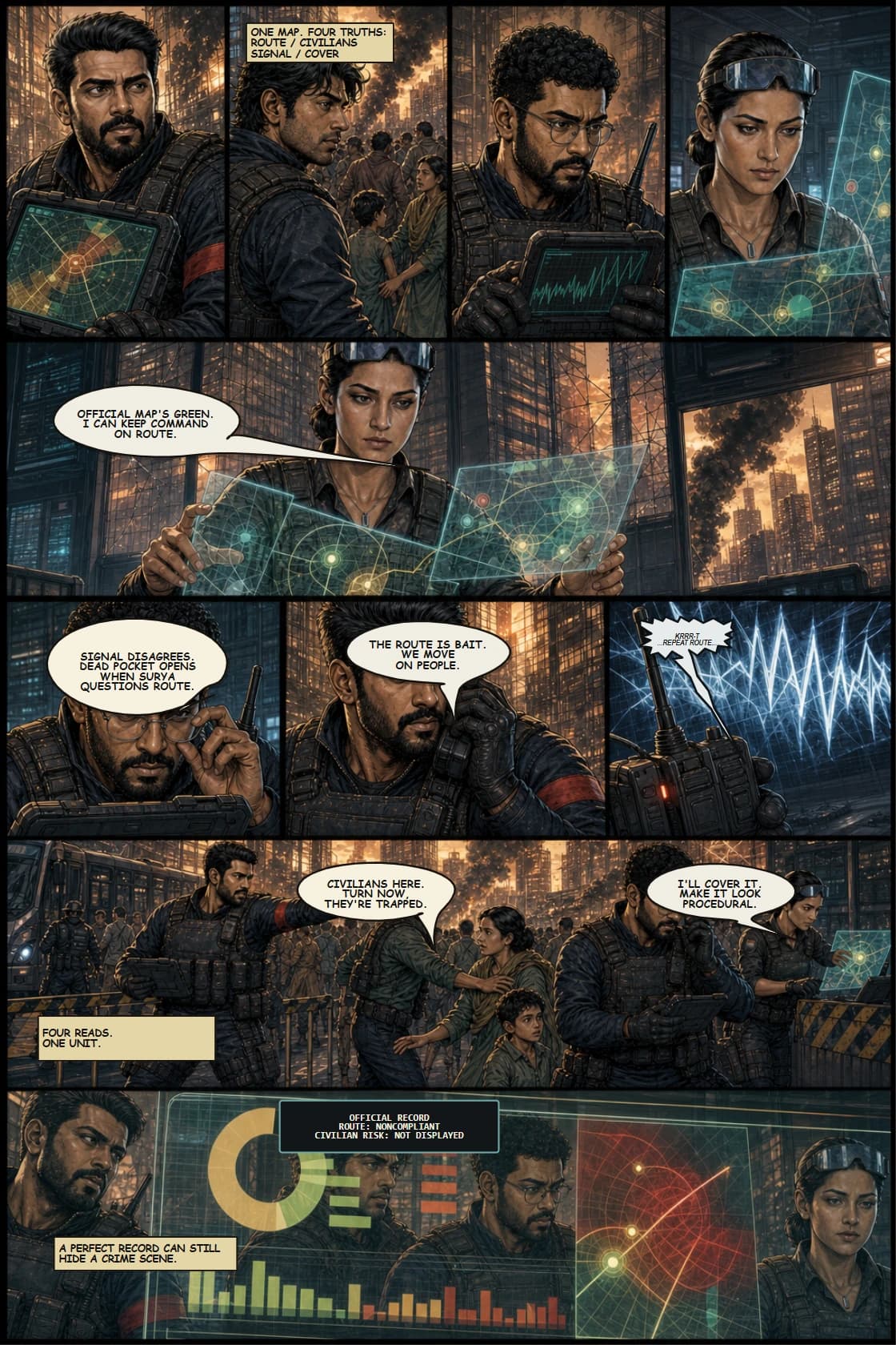 SURYA Volume 2: Glass City page 11. Make unit roles clear while keeping Mira trusted and Dev observant.