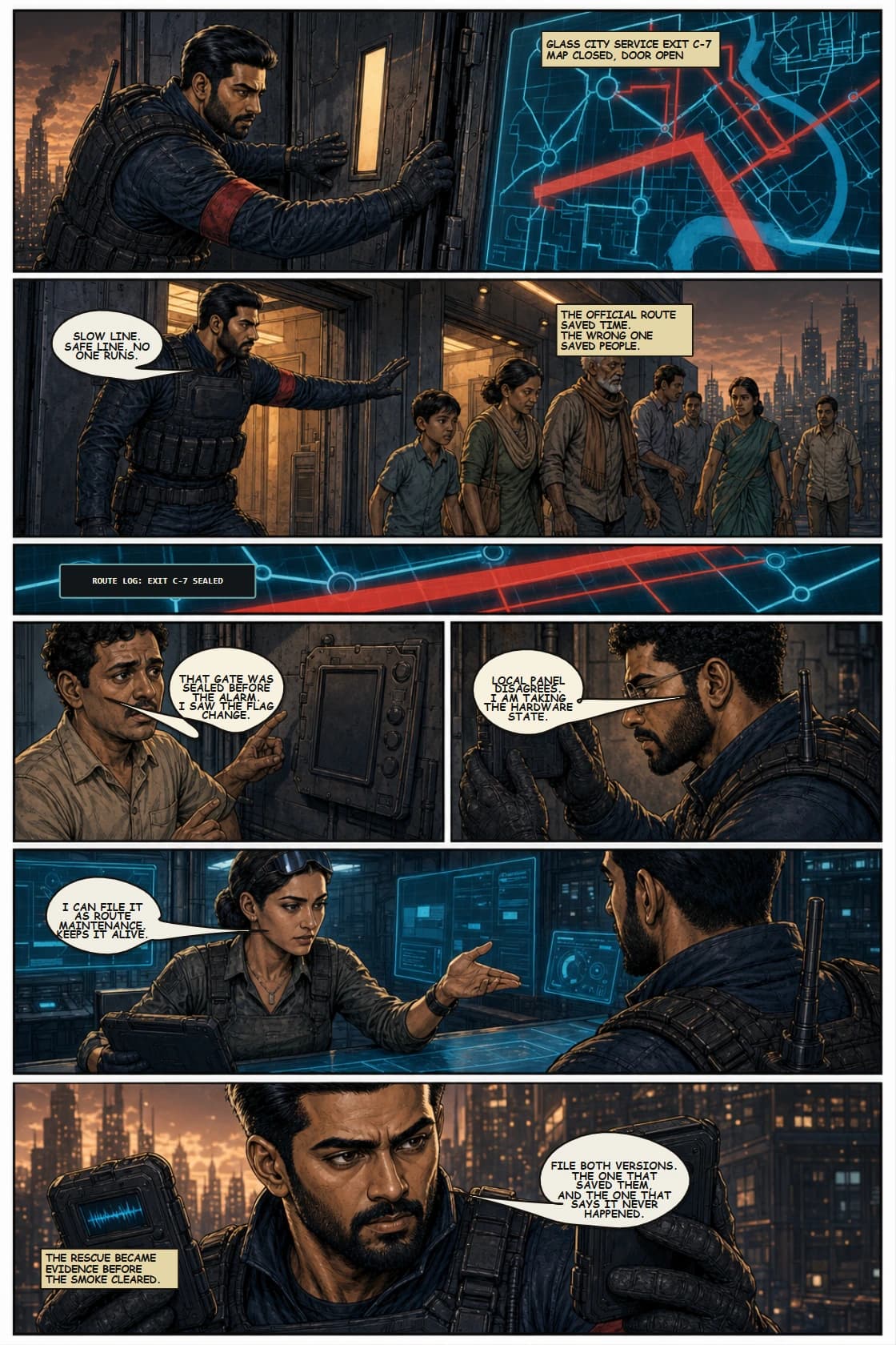 SURYA Volume 2: Glass City page 13. Show Surya solving the human problem while preserving false-route evidence.