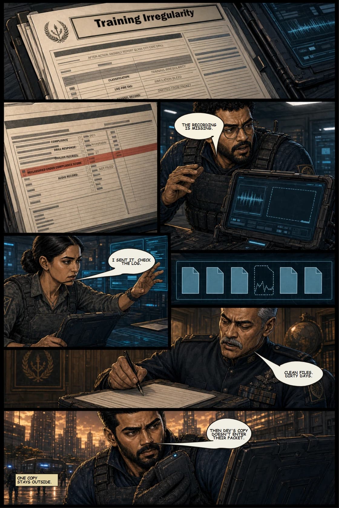 SURYA Volume 2: Glass City page 14. Show the official report converting live danger into training irregularity.