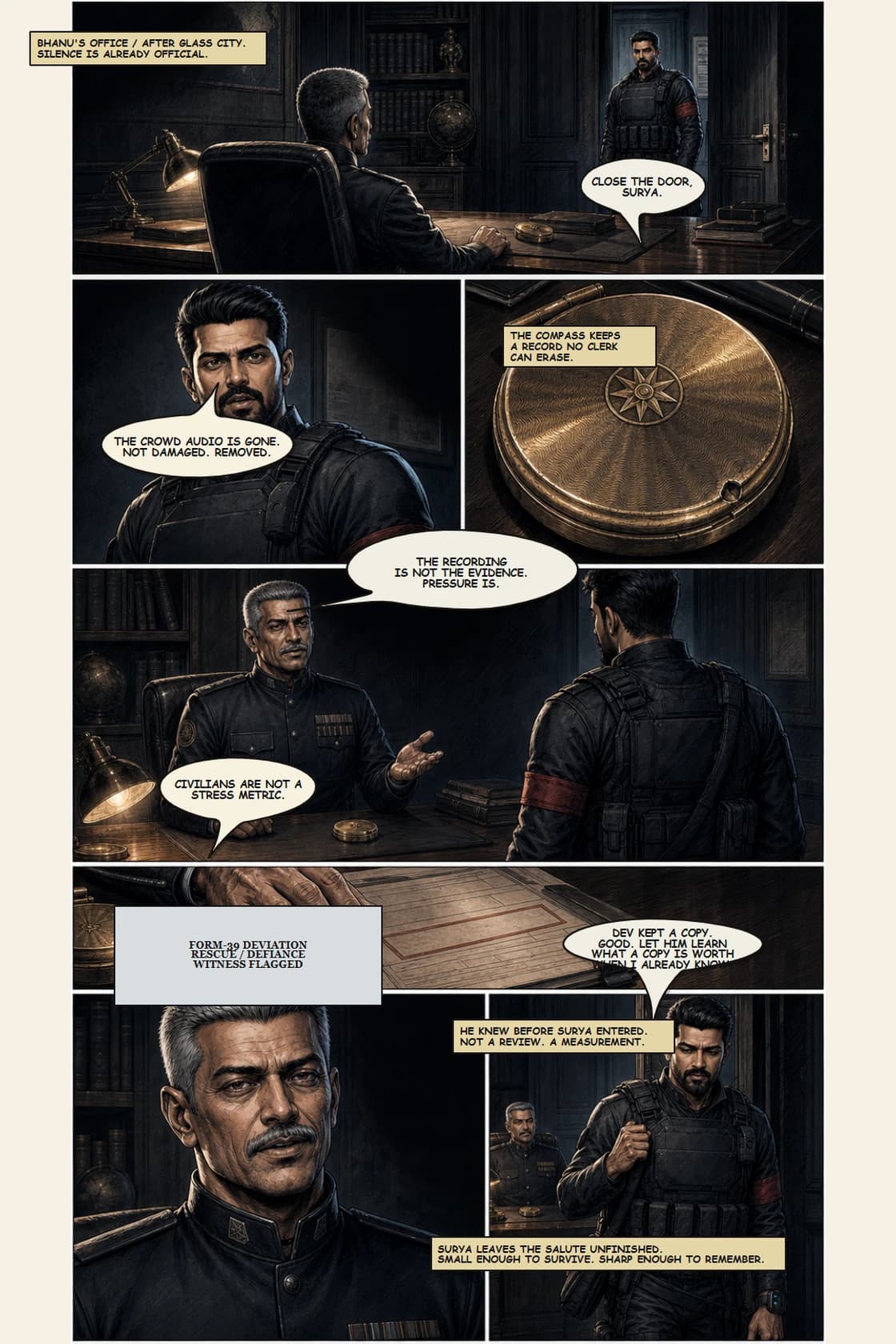 SURYA Volume 2: Glass City page 15. Seed Bhanu compass and ideology after Glass City irregularities.