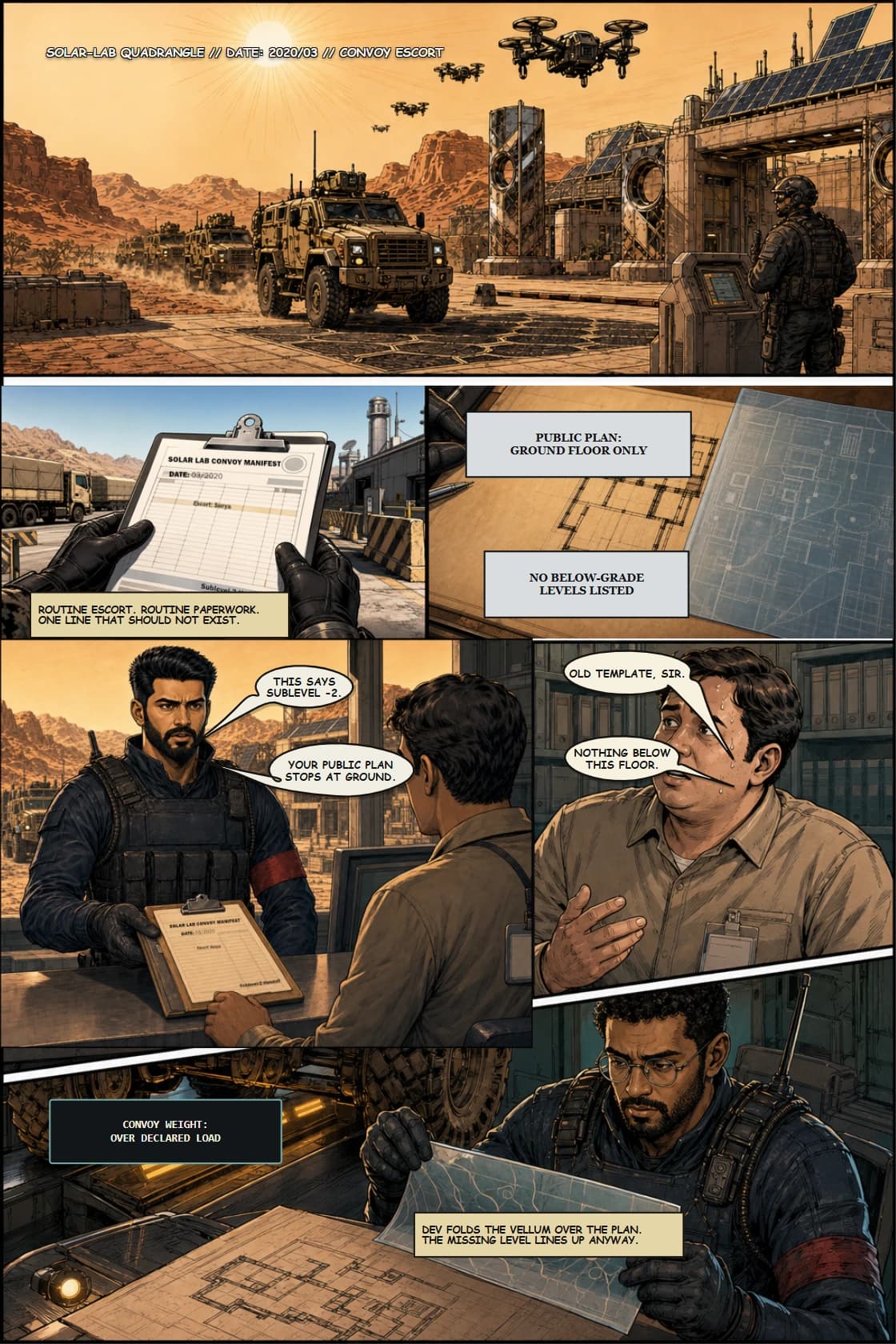 SURYA Volume 2: Glass City page 16. Start Solar-Lab as routine escort where manifest references impossible spaces.