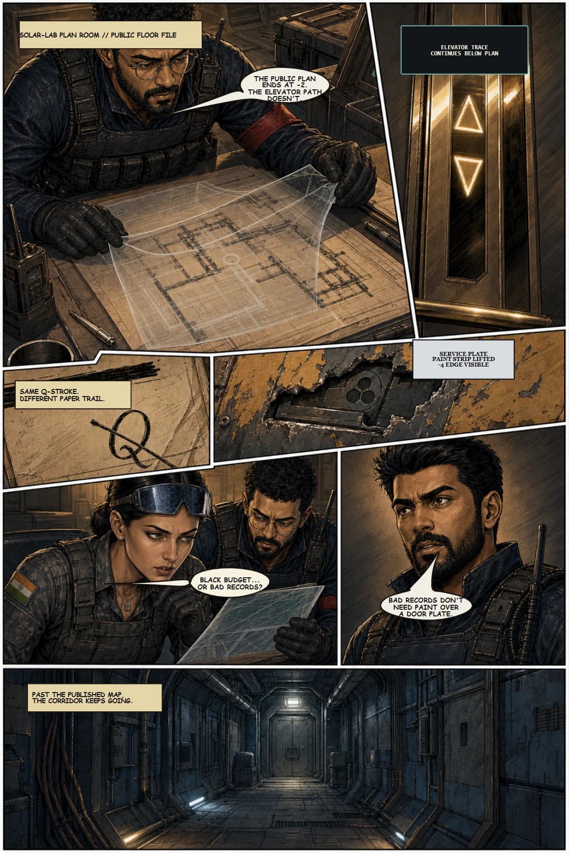 SURYA Volume 2: Glass City page 17. Let Dev prove the -2/-4 mismatch with vellum overlay.