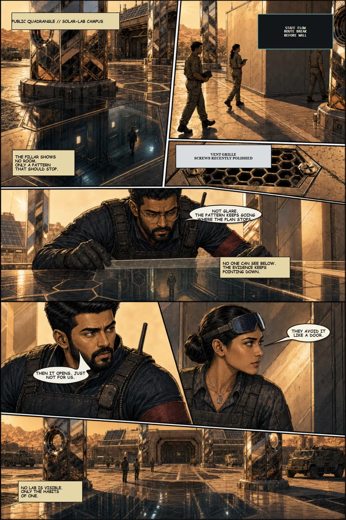 SURYA Volume 2: Glass City page 18. Make Solar-Lab geometry rhyme with later Facility IV truth geometry.