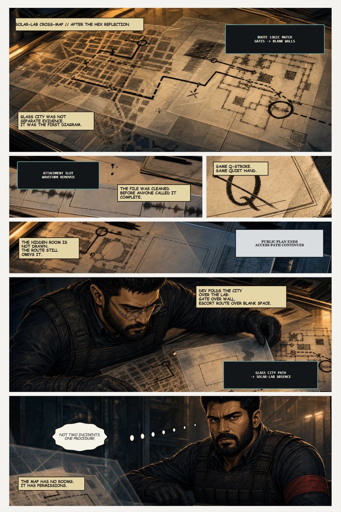 SURYA Volume 2: Glass City page 19. Silent Page: reader solves that Glass City routes and Solar-Lab hidden rooms share command logic.