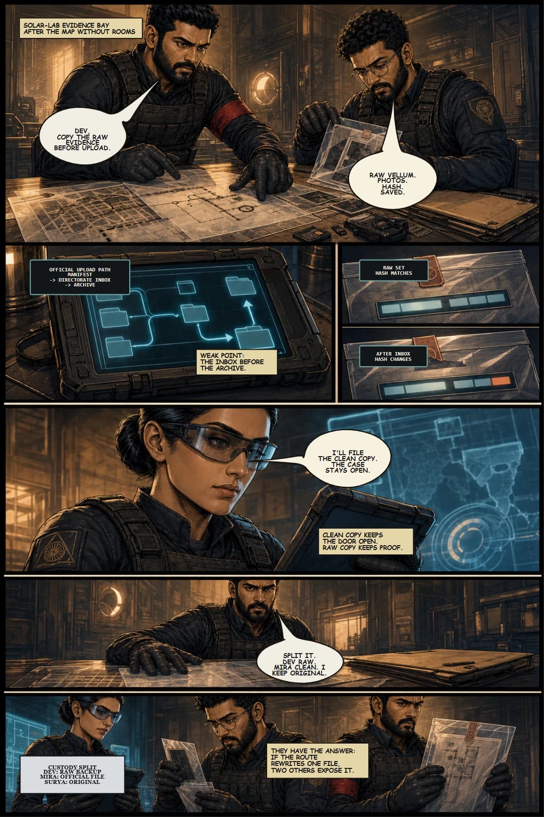 SURYA Volume 2: Glass City page 20. Translate the silent solve into practical evidence custody.