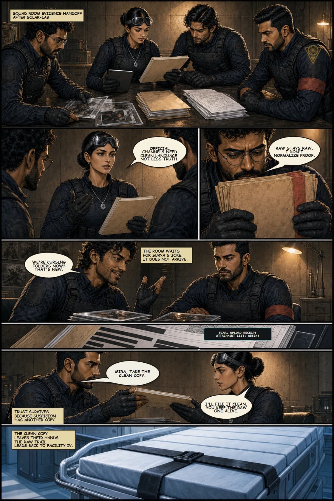 SURYA Volume 2: Glass City page 22. End the past thread by deepening trust in Mira while evidence paths stay vulnerable.