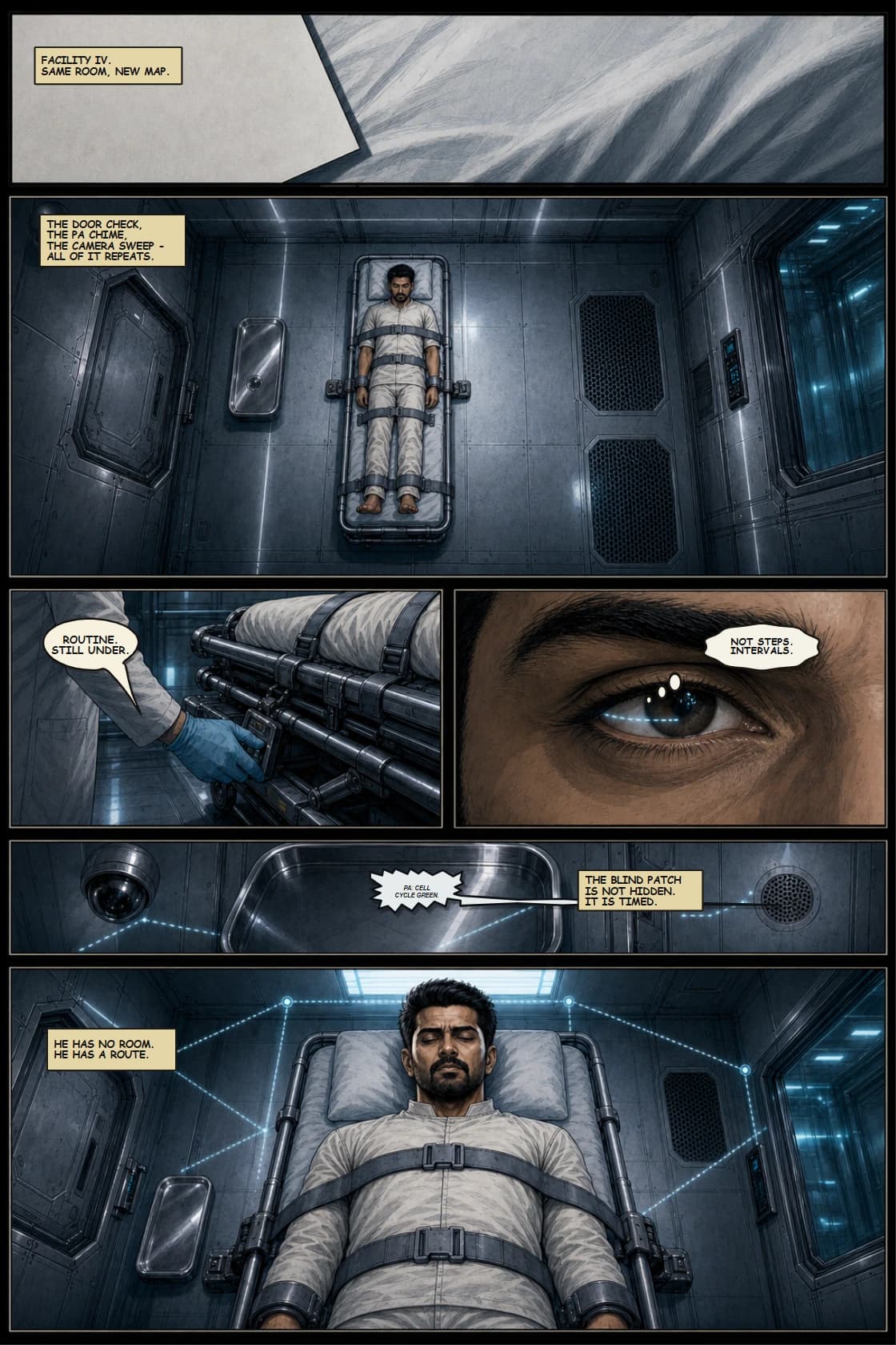 SURYA Volume 2: Glass City page 23. Return to Facility IV with Glass City route logic powering Surya cell map.