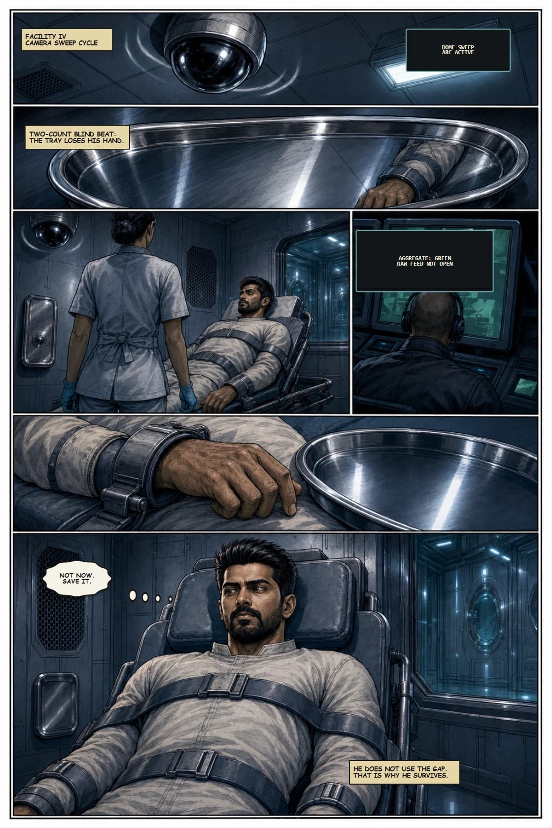 SURYA Volume 2: Glass City page 24. Make the first camera blind-beat clear and believable.