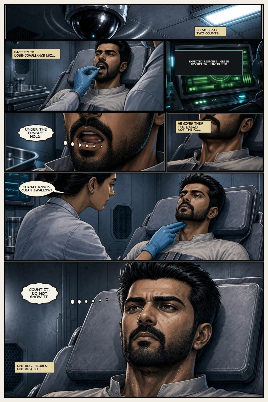 SURYA Volume 2: Glass City page 25. Pay off the blind beat with Surya hiding one dose under his tongue.
