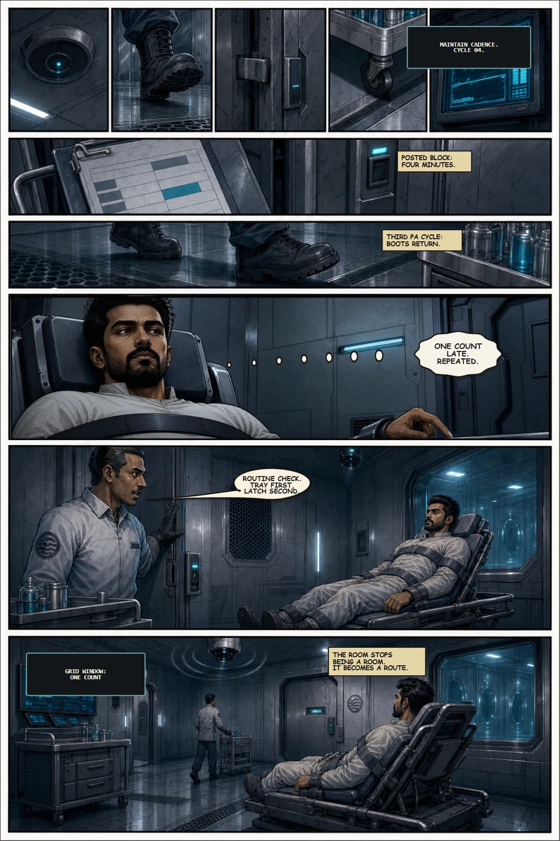 SURYA Volume 2: Glass City page 26. Turn guard rotation, PA cadence, dose tray, and door check into a timed grid.