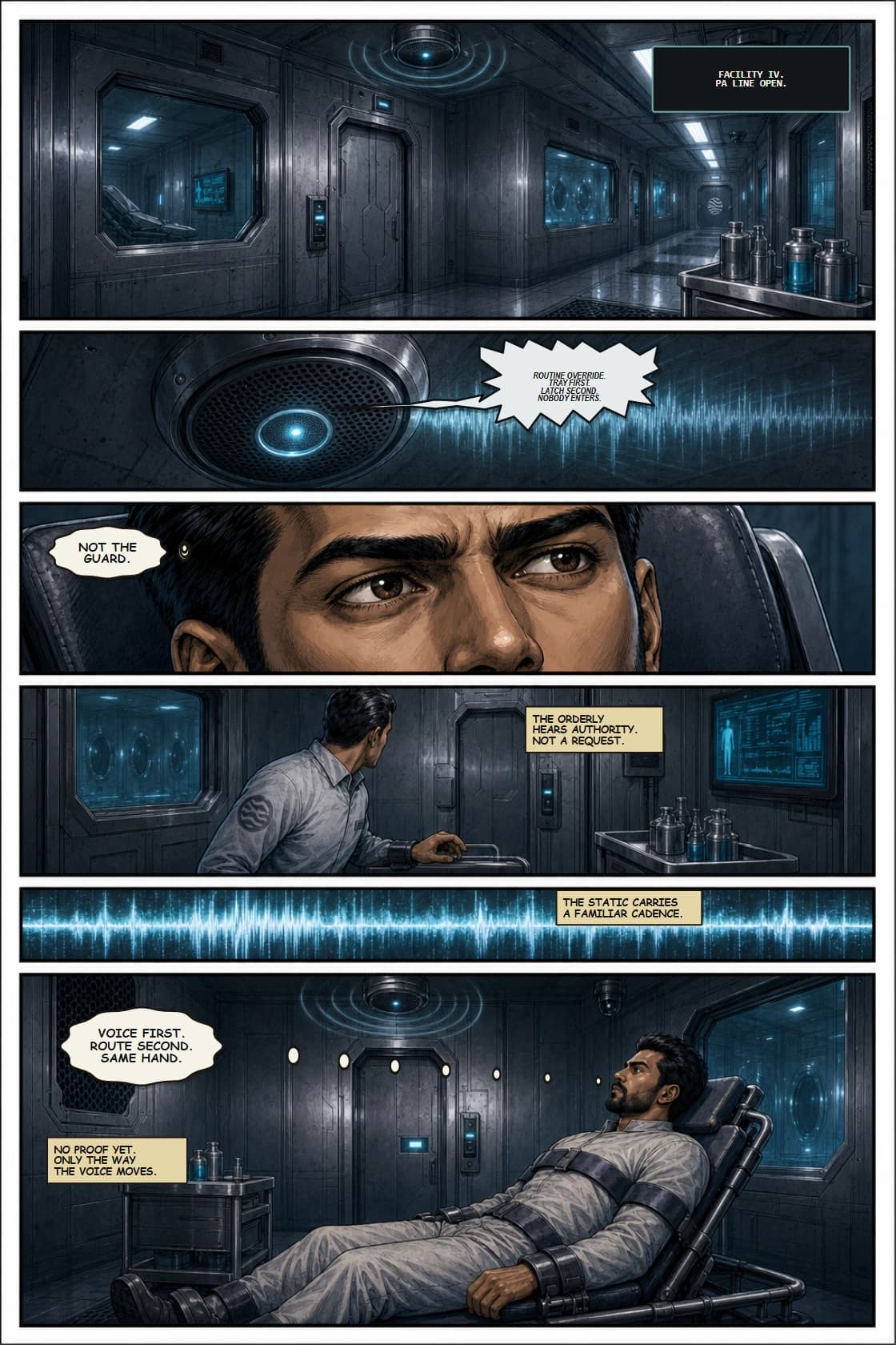 SURYA Volume 2: Glass City page 27. Give Vol. 2 its first present-day Handler voice beat while deferring proof.