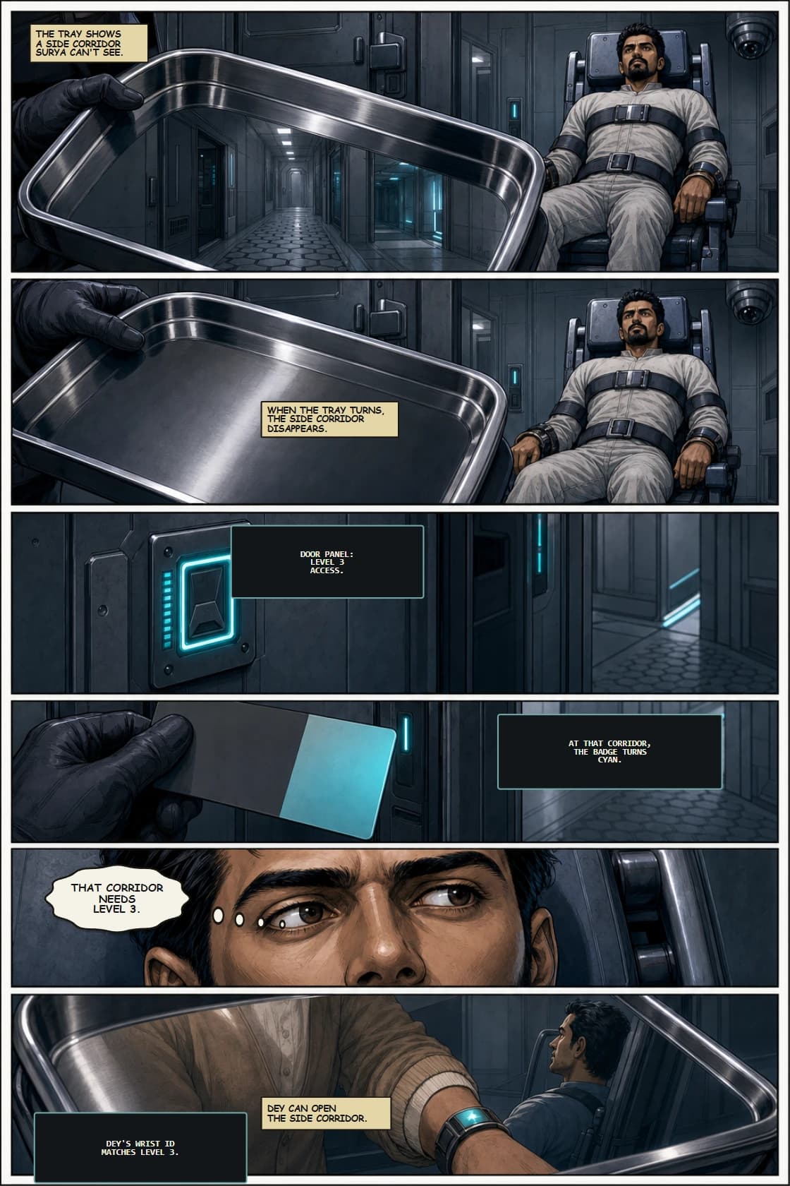 SURYA Volume 2: Glass City page 28. Let Surya glimpse a useful corridor shape without leaving the cell.