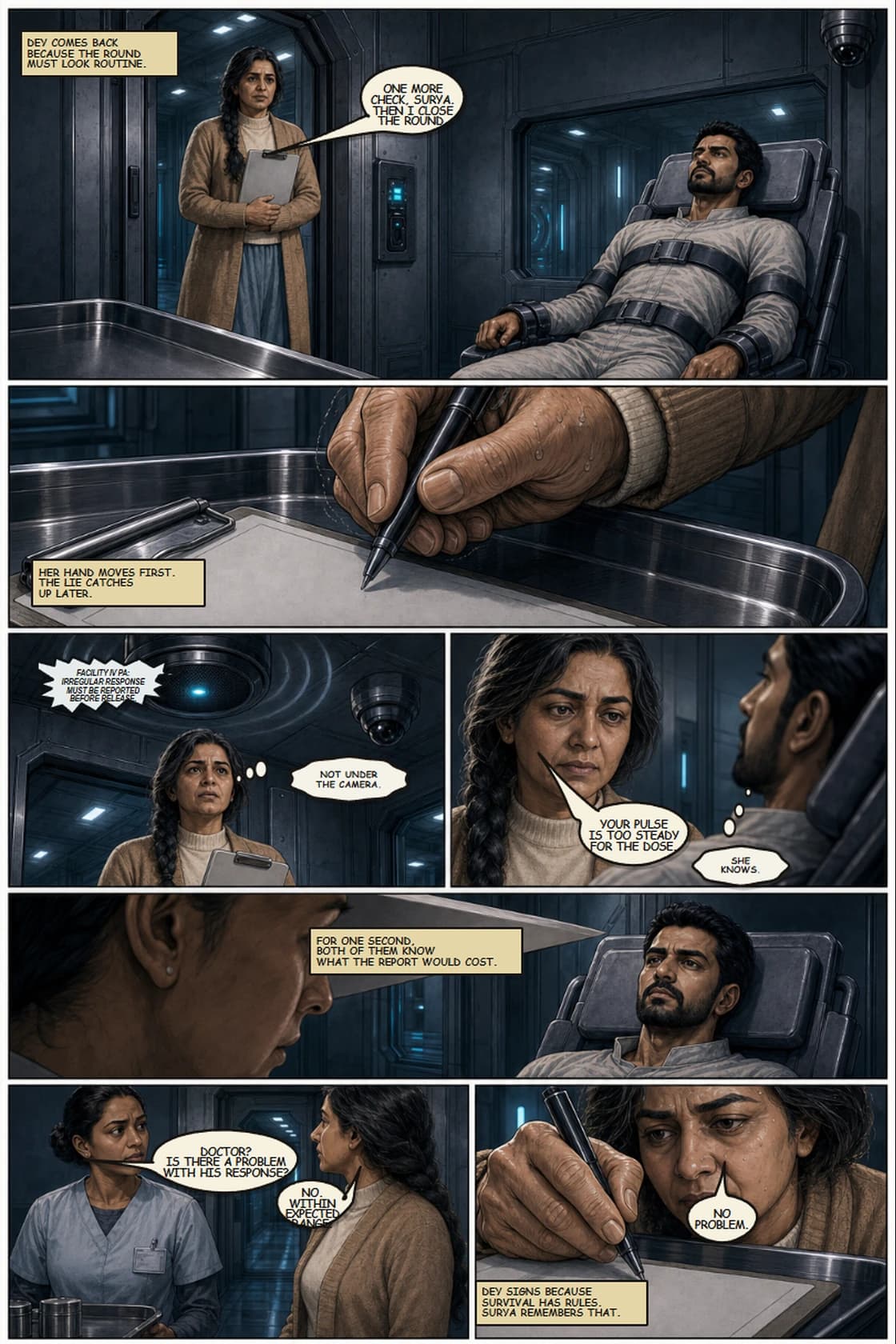 SURYA Volume 2: Glass City page 29. Make Dey fear visible enough that Surya can later exploit or trust it.